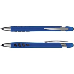 A stylus pen in blue with a sleek design, featuring a silver clip and buttons for added functionality.