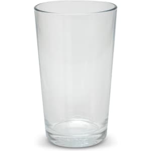 A clear glass tumbler with a simple, sleek design, featuring a smooth surface and a slight taper towards the base.