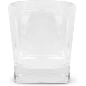 A glass tumbler with a clear, straight-edged design and a sturdy base. It features a logo on the side.