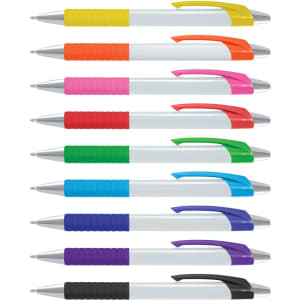 A collection of plastic pens with white barrels and colourful grips in yellow, orange, pink, green, purple, and black.