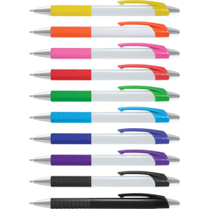 A collection of plastic pens in various colours including yellow, pink, orange, and purple, with white barrels and grips.