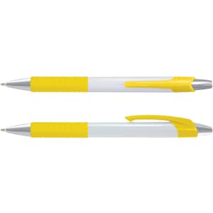A white barrel pen with yellow accents, featuring a textured grip and a chrome tip, alongside a matching cap.