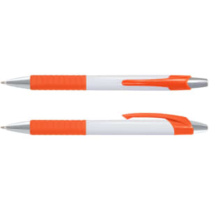 A white pen with orange accents and a textured grip. It features a sleek design and a silver clip.