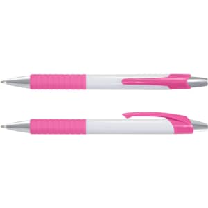A pink and white pen with a rubber grip and chrome accents. Features a design suitable for writing.