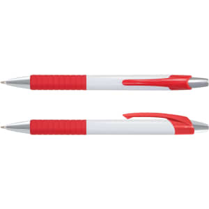 A plastic pen with a white barrel and red grip, featuring a chrome trim and logo.