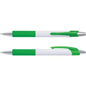 A white pen with green grip and accents, featuring a silver clip and tip. The pen has a logo on its barrel.
