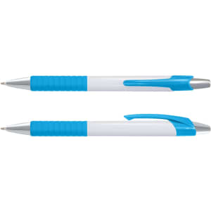 A plastic pen with a white barrel and blue accents, featuring a textured grip and a silver clip.