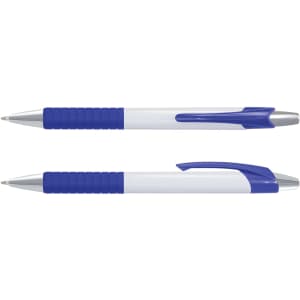 A plastic pen with a white barrel, blue grip, and a blue clip, featuring a logo on the barrel.