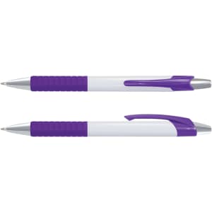 A plastic pen with a white barrel and purple accents, featuring a textured grip and a retractable tip.