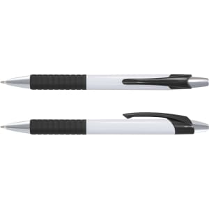 A white barrel plastic pen with black rubber grip and silver accents, featuring a clip and a logo.