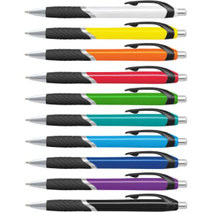 A collection of plastic pens with coloured barrels in yellow, orange, red, green, blue, and purple, featuring black grips and silver accents.