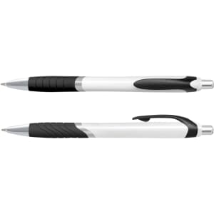 A plastic pen with a coloured barrel featuring a silver and black design and a textured grip. It includes a branding logo.