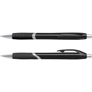 Two black plastic pens with silver detailing and grip sections, one with a retractable mechanism.