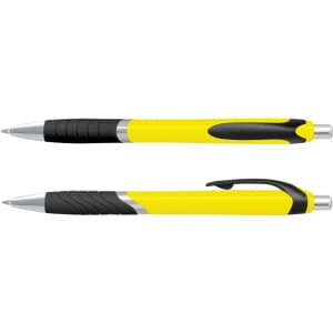 A yellow plastic pen with black grips and a silver tip, featuring a logo.