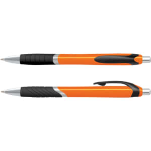 A promotional pen with a coloured orange barrel and black grip, featuring a silver clip and tip.