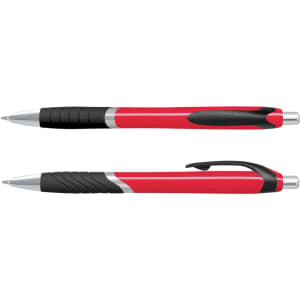 Two plastic pens with a red barrel and black accents, featuring a silver clip and nib. The design includes a grip section.