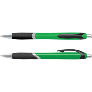 A green plastic pen with a black grip and silver accents, featuring a logo on the barrel.