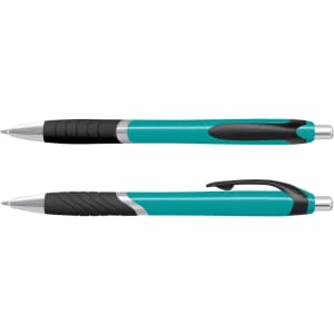 A teal plastic pen with a black grip and silver accents, featuring smooth lines and a sleek design.