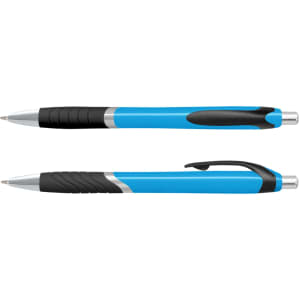 A blue plastic pen with a black grip and silver accents. It features a sleek design and has a logo.