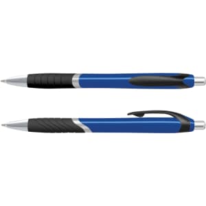 A plastic pen with a blue barrel and black grip, featuring a clip and a silver trim. Includes branding on the barrel.
