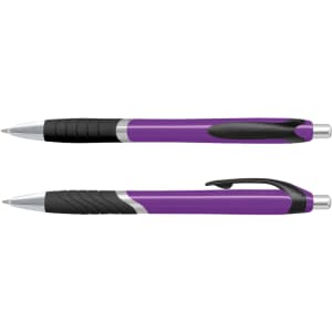 A set of purple plastic pens with a black grip, featuring a shiny silver clip and trim.