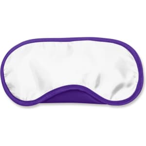 A full-color eye mask featuring a white fabric center bordered by a purple trim.
