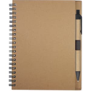 A spiral-bound notebook with a brown cardboard cover and a matching pen attached.