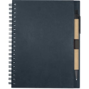 A dark-colored spiral notebook with a pen attached on the side.