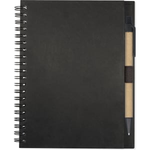 A black spiral notebook with a pen attached.