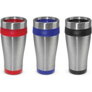 A travel mug set featuring red, blue, and black accents with stainless steel bodies and lids, each with a logo.