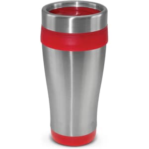 A drink bottle with a stainless steel body and a red rubber grip and lid. It has a circular design and a logo.