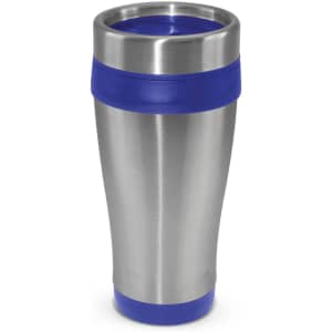 A drink bottle with a stainless steel body and blue silicone accents, featuring a lid and a sleek design.