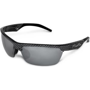 Sleek black sunglasses with a textured frame and grey lenses, featuring a logo on the side.