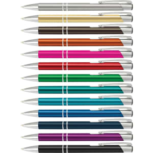A selection of metal pens in various colours, featuring a sleek design and silver accents, arranged in a row.