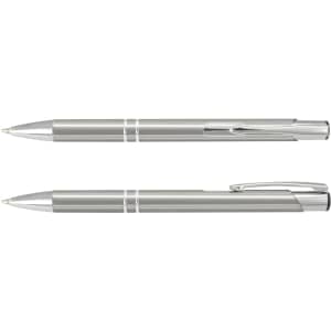 A metal pen in silver and chrome finishes, featuring a sleek design and a clip for easy attachment.