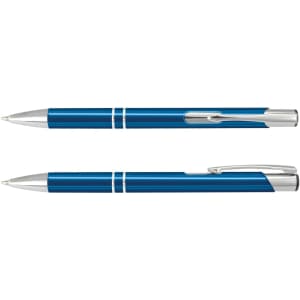 A blue metal pen with silver accents. The pen has a sleek design and features a clip and a logo.