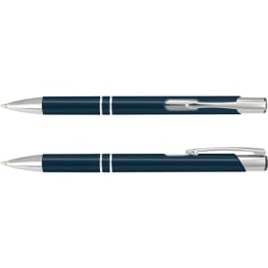 A metal pen featuring a sleek navy blue design with silver accents and a clip. It includes a logo.