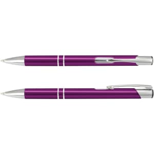 A purple metal pen with silver accents, featuring a sleek design and a clip, shown from two angles.