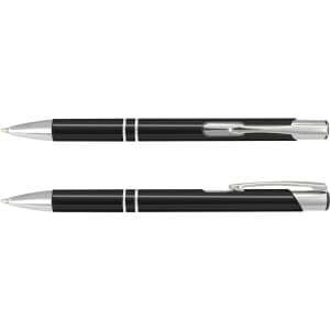 A metal pen in black with silver accents, featuring a sleek design and a logo on the barrel.