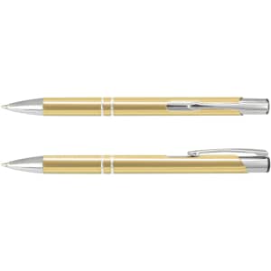 A metal pen in a shiny gold colour with silver accents and a clip, featuring a sleek design.