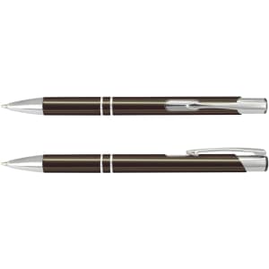 A metal pen set in black and silver, featuring a sleek design and a pen clip. The image includes branding.
