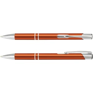 An orange metal pen with silver accents, featuring a sleek design and a clip. Two models are displayed.