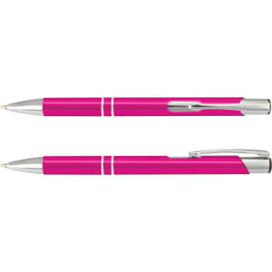 A metal pen in bright pink with silver accents, featuring a sleek design and a clip for easy carrying.