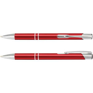 A red metal pen with silver accents, featuring a sleek design and a clip. It includes a branding logo.