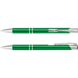 A green metal pen with silver accents, featuring a clip and sleek design, including a logo.