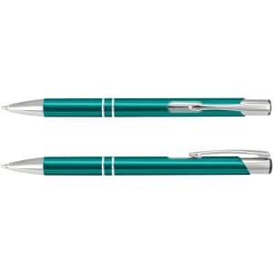 A teal metal pen with silver accents, featuring a sleek design and a clip for easy attachment. It has a logo.