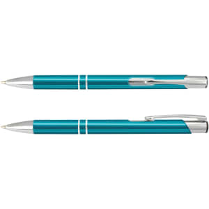 A metal pen in a vibrant teal colour with silver accents, featuring a sleek design and a clip.