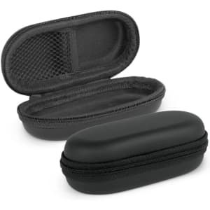 A black mini carry case with a zip closure, featuring a textured exterior and a mesh pocket inside.