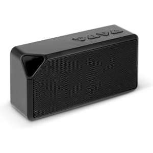 A compact black Bluetooth speaker with speaker grille and control buttons on top, featuring a small angled design.