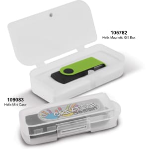 A black and green Helix 16GB flash drive in a clear case, alongside a white magnetic gift box.